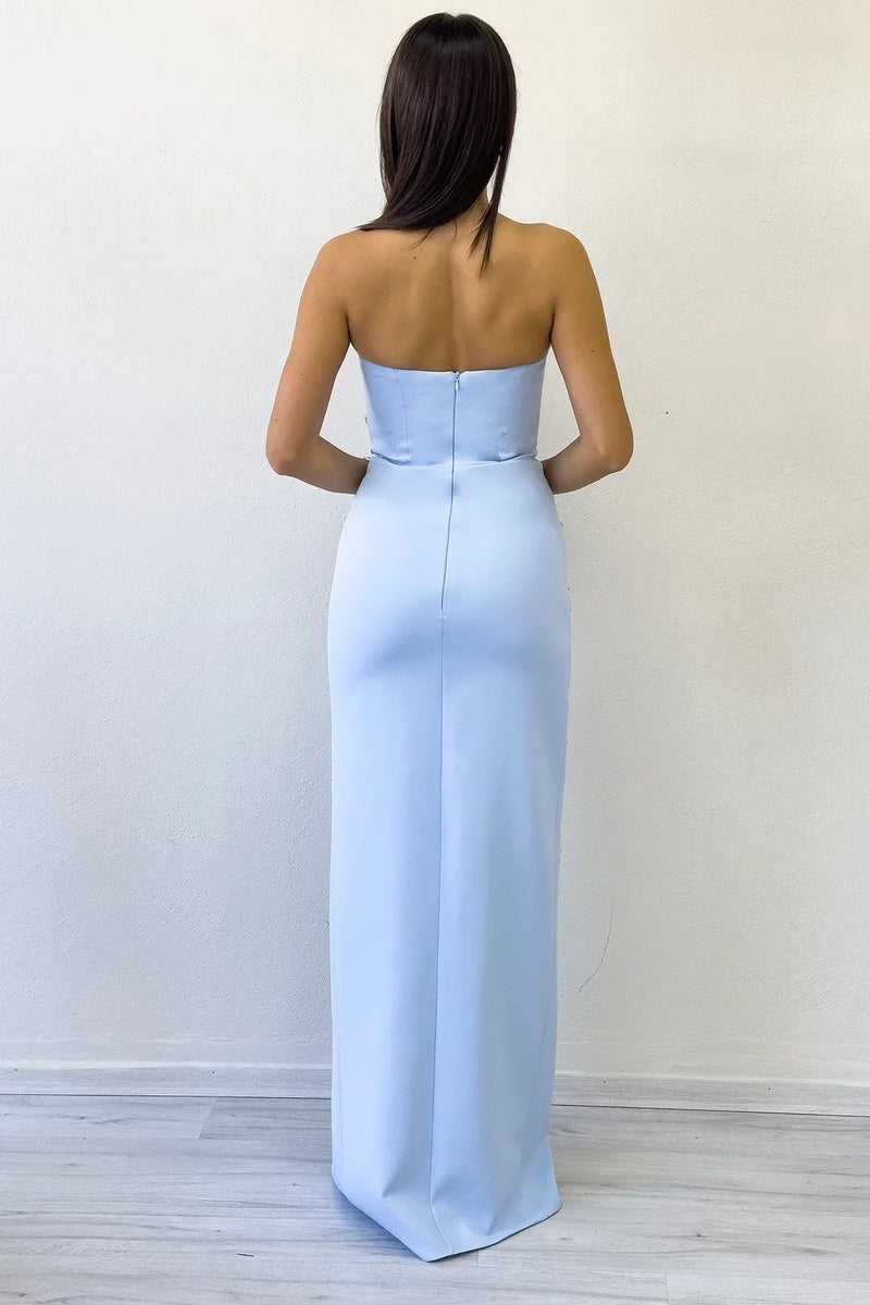 Women's Baby Blue Strapless Taş işlemeli Slit Evening Gown