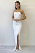 White Strapless Embellished Maxi Evening Dress