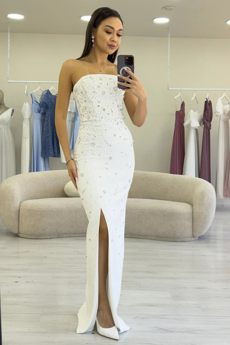 Women's White Strapless Taş işlemeli Slit Evening Gown