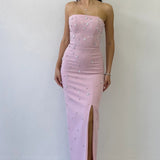 Powder Pink Strapless Embellished Maxi Evening Dress