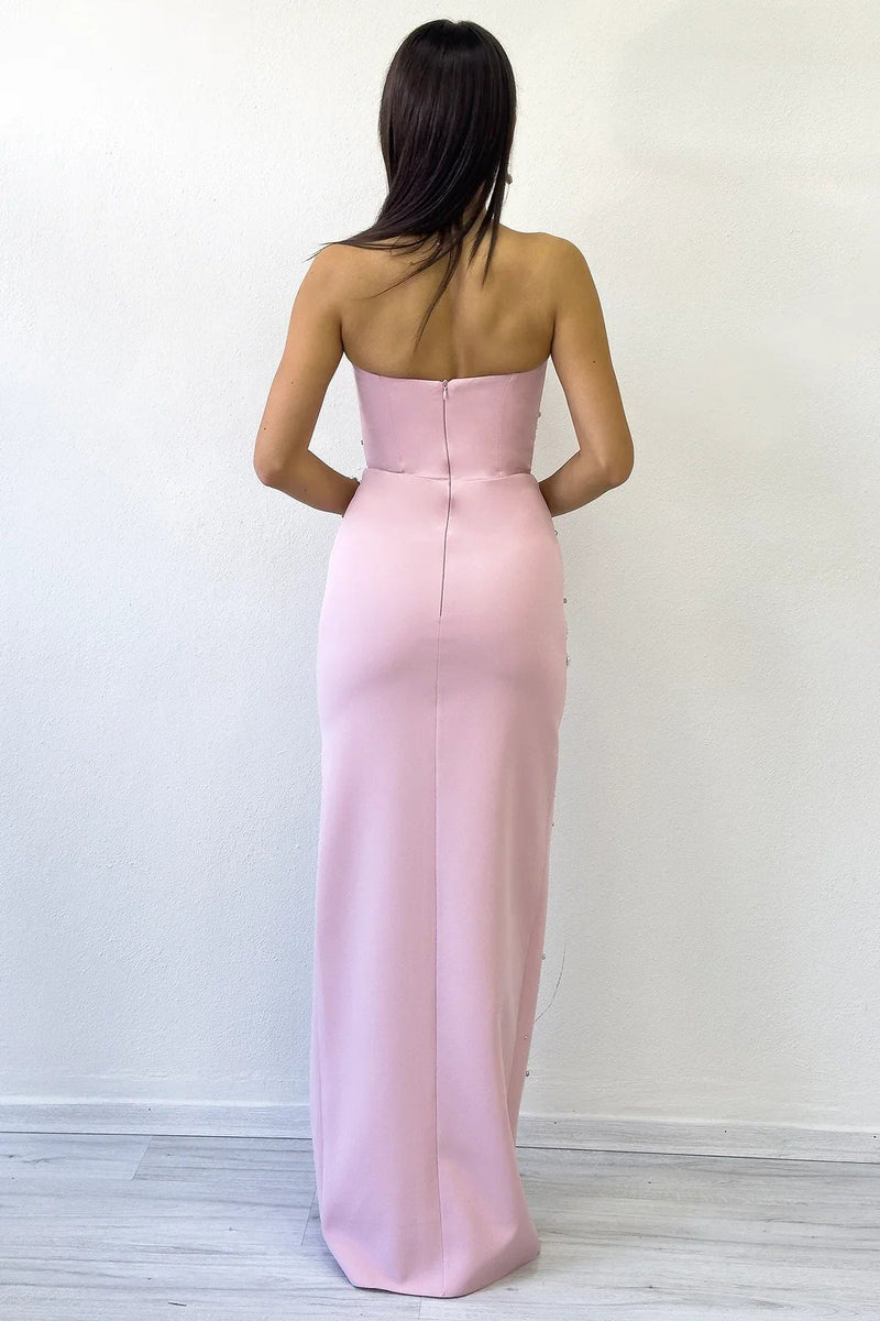 Women's Powder Pink Strapless Taş işlemeli Slit Evening Gown