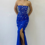Saxe Blue Strapless Embellished Maxi Evening Dress