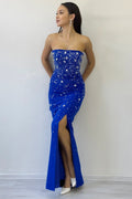 Saxe Blue Strapless Embellished Maxi Evening Dress