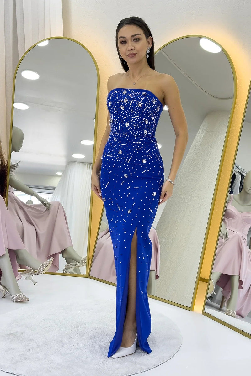 Women's Saxe Blue Strapless Taş işlemeli Slit Evening Gown