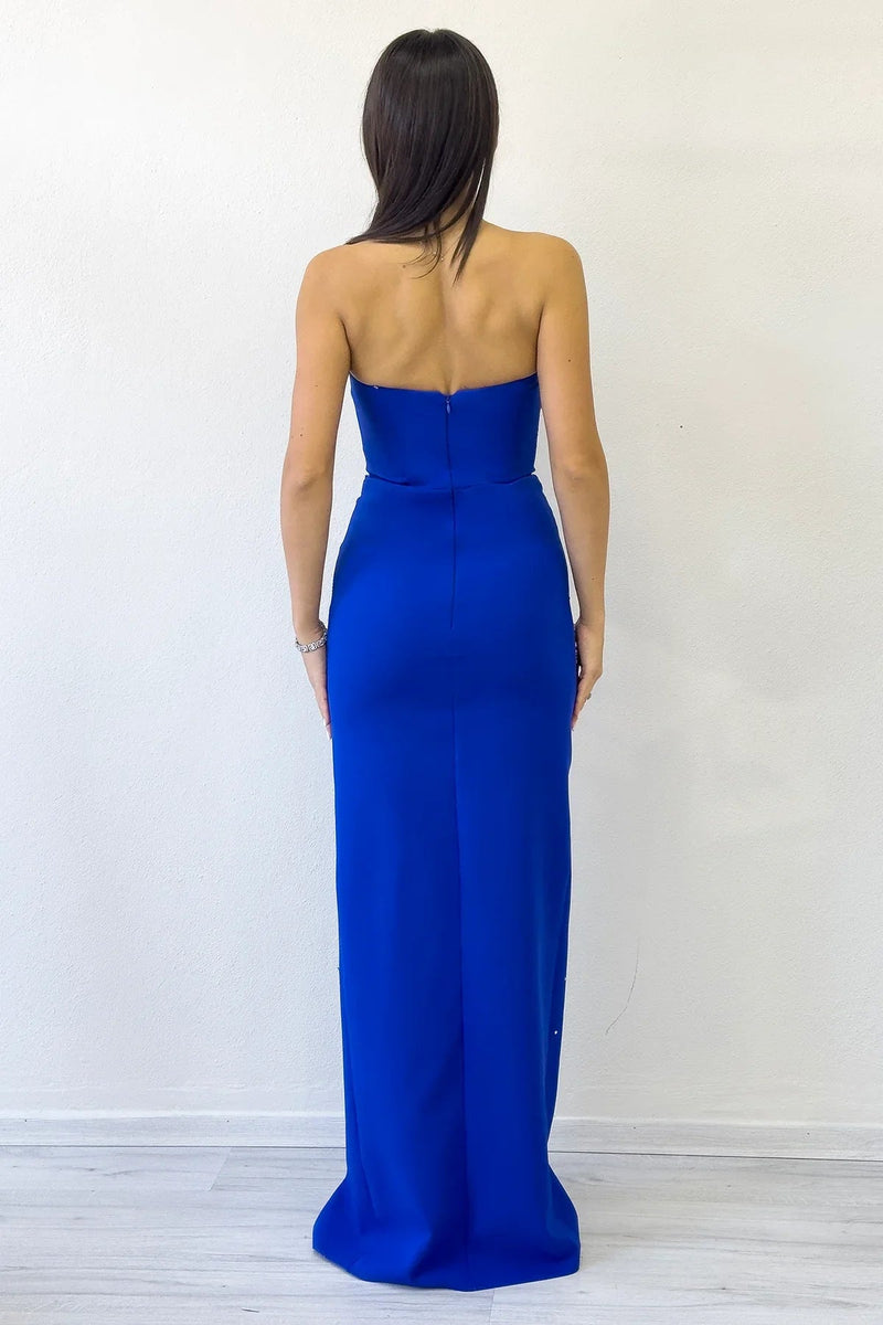 Women's Saxe Blue Strapless Taş işlemeli Slit Evening Gown