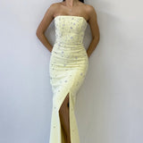 Yellow Strapless Embellished Maxi Evening Dress