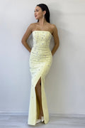 Yellow Strapless Embellished Maxi Evening Dress