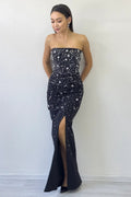 Black Strapless Embellished Maxi Evening Dress