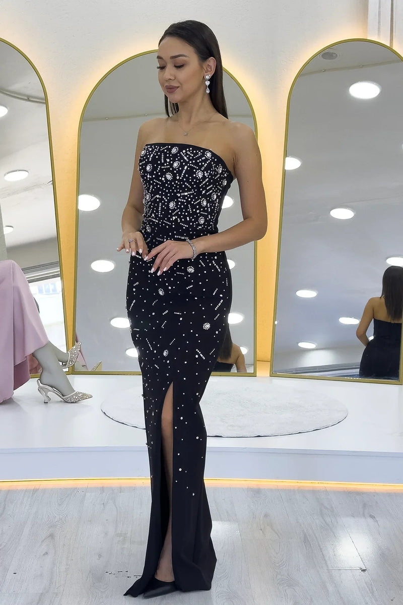 Women's Black Strapless Taş işlemeli Slit Evening Gown