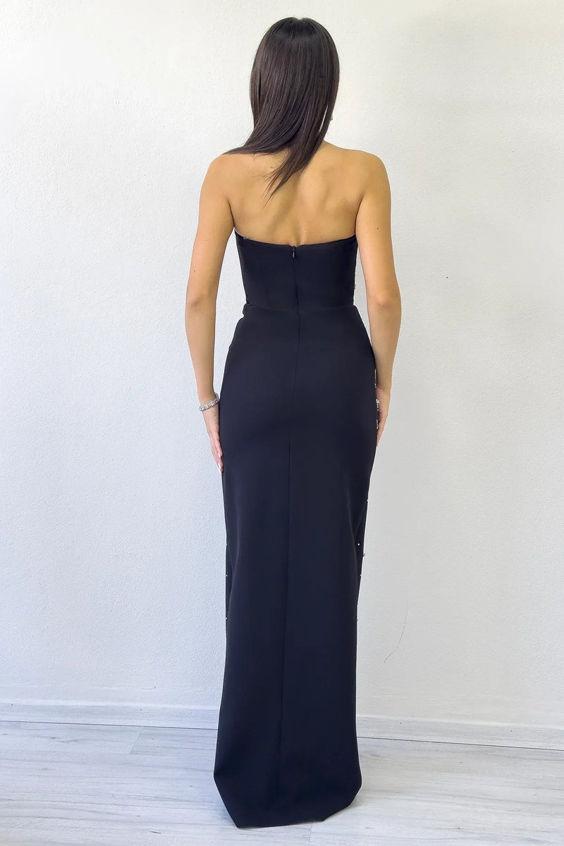 Women's Black Strapless Taş işlemeli Slit Evening Gown