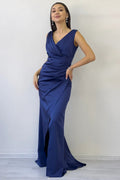 Navy Blue Maxi Satin Evening Dress