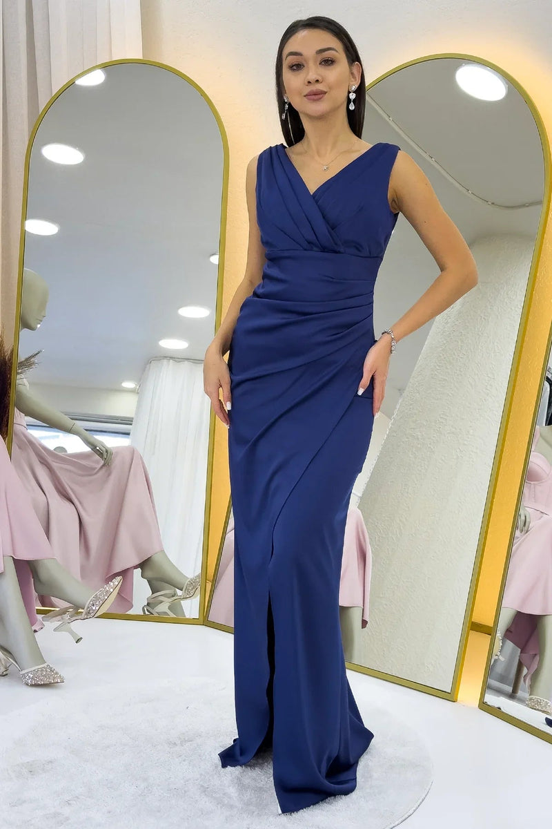 Women's Navy Blue Thick Strap Draped Satin Wrap Neck Evening Gown