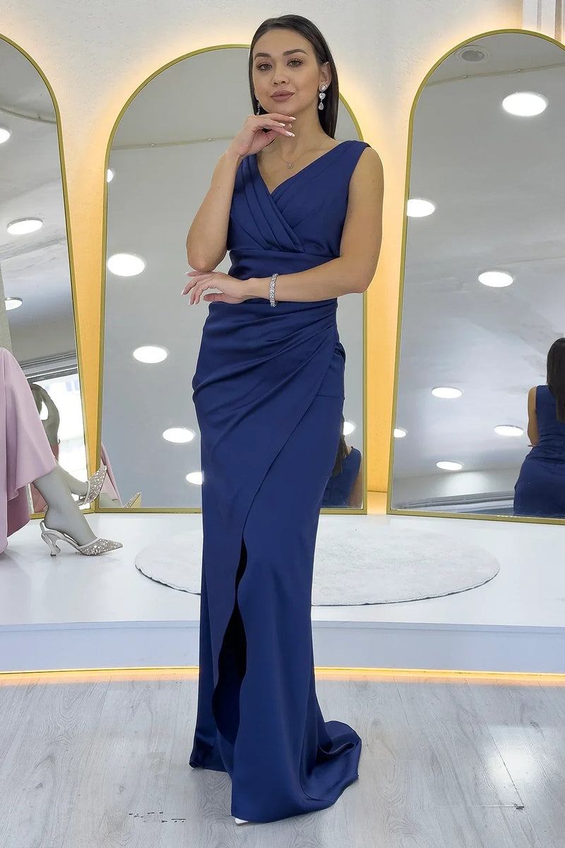 Women's Navy Blue Thick Strap Draped Satin Wrap Neck Evening Gown