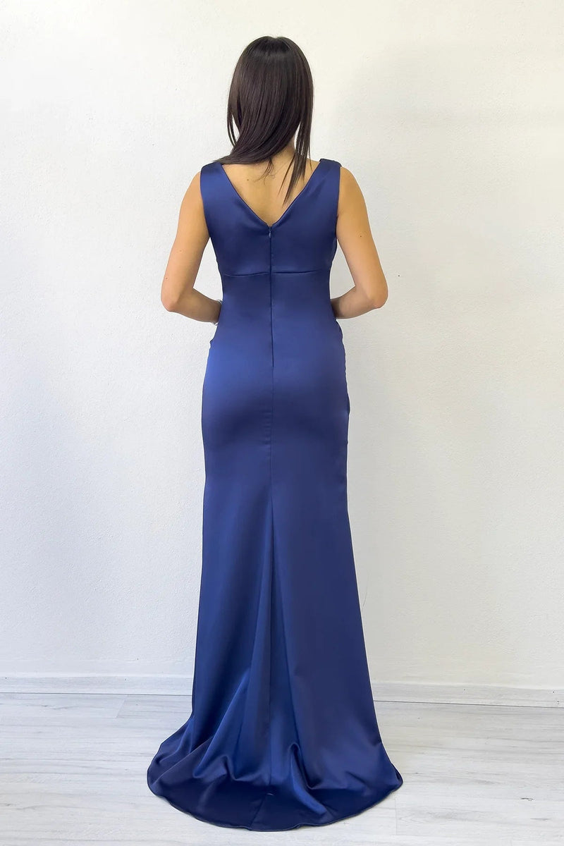 Women's Navy Blue Thick Strap Draped Satin Wrap Neck Evening Gown