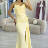Yellow Strapless Satin Evening Dress with Slit