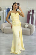 Yellow Strapless Satin Evening Dress with Slit