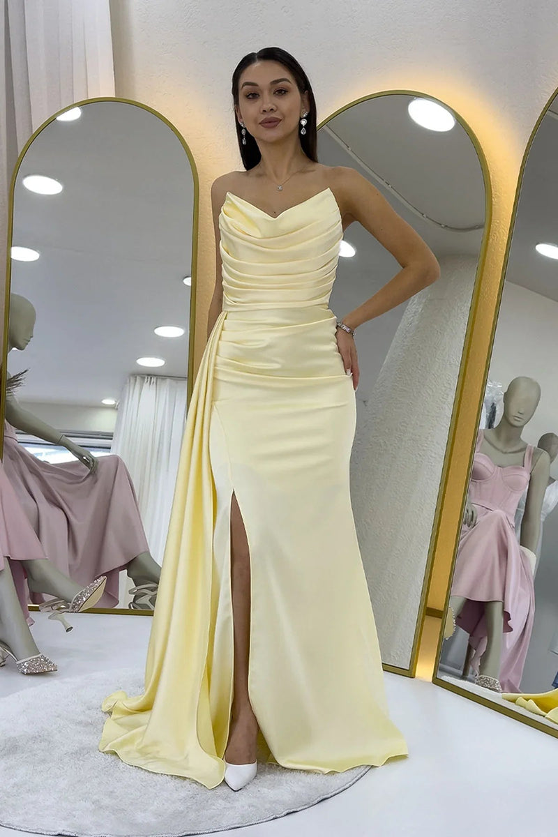 Women's Yellow Strapless Draped Tasarım Satin Evening Gown