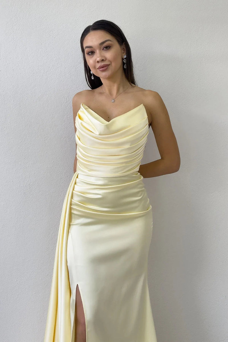 Women's Yellow Strapless Draped Tasarım Satin Evening Gown