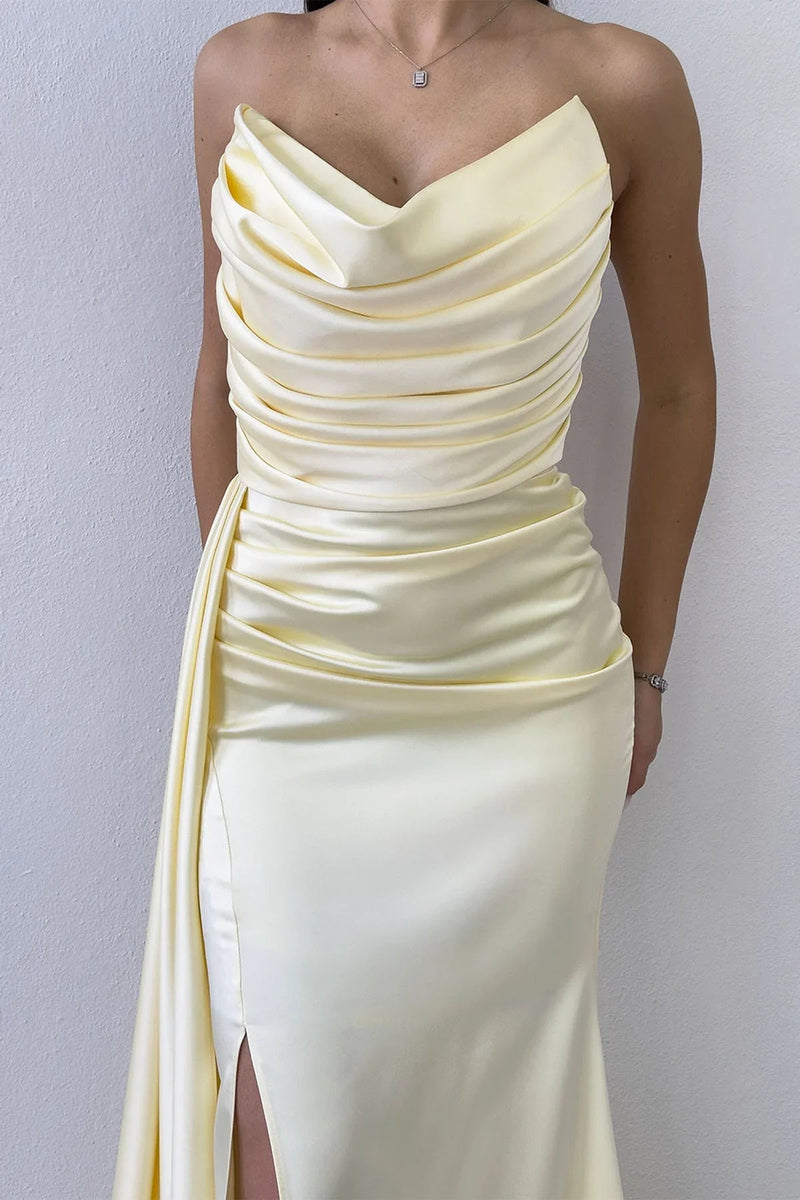 Women's Yellow Strapless Draped Tasarım Satin Evening Gown