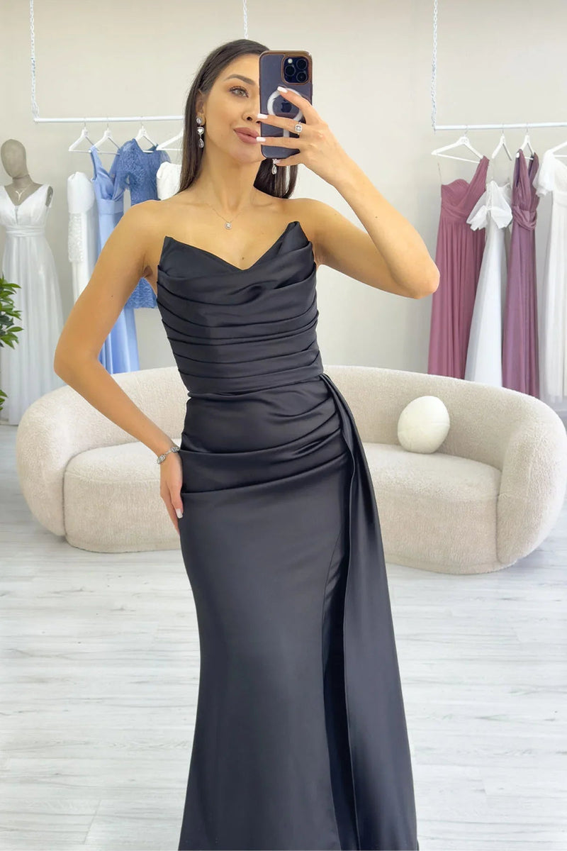 Women's Black Strapless Draped Tasarım Satin Evening Gown