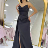 Black Strapless Satin Evening Dress with Slit