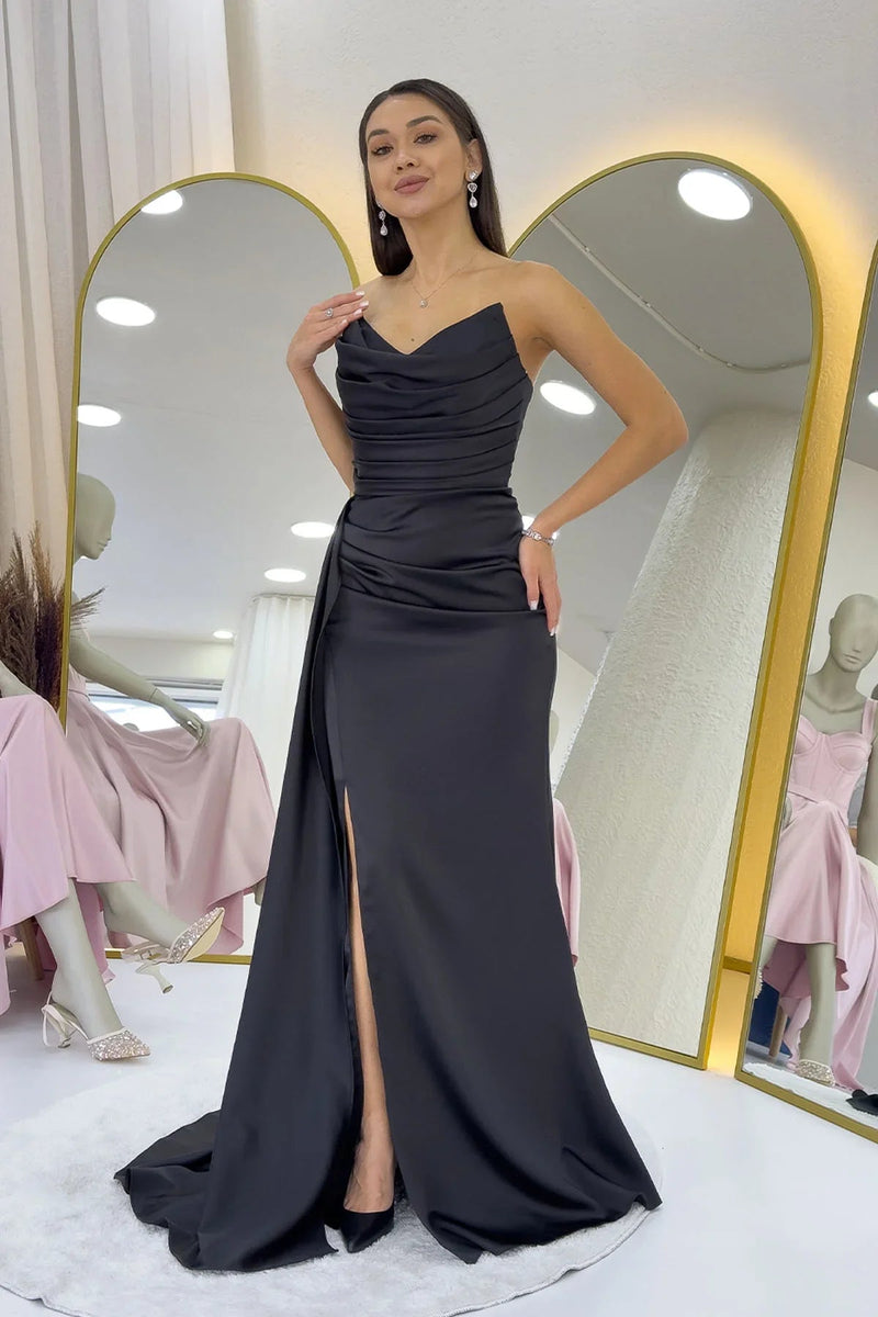 Women's Black Strapless Draped Tasarım Satin Evening Gown