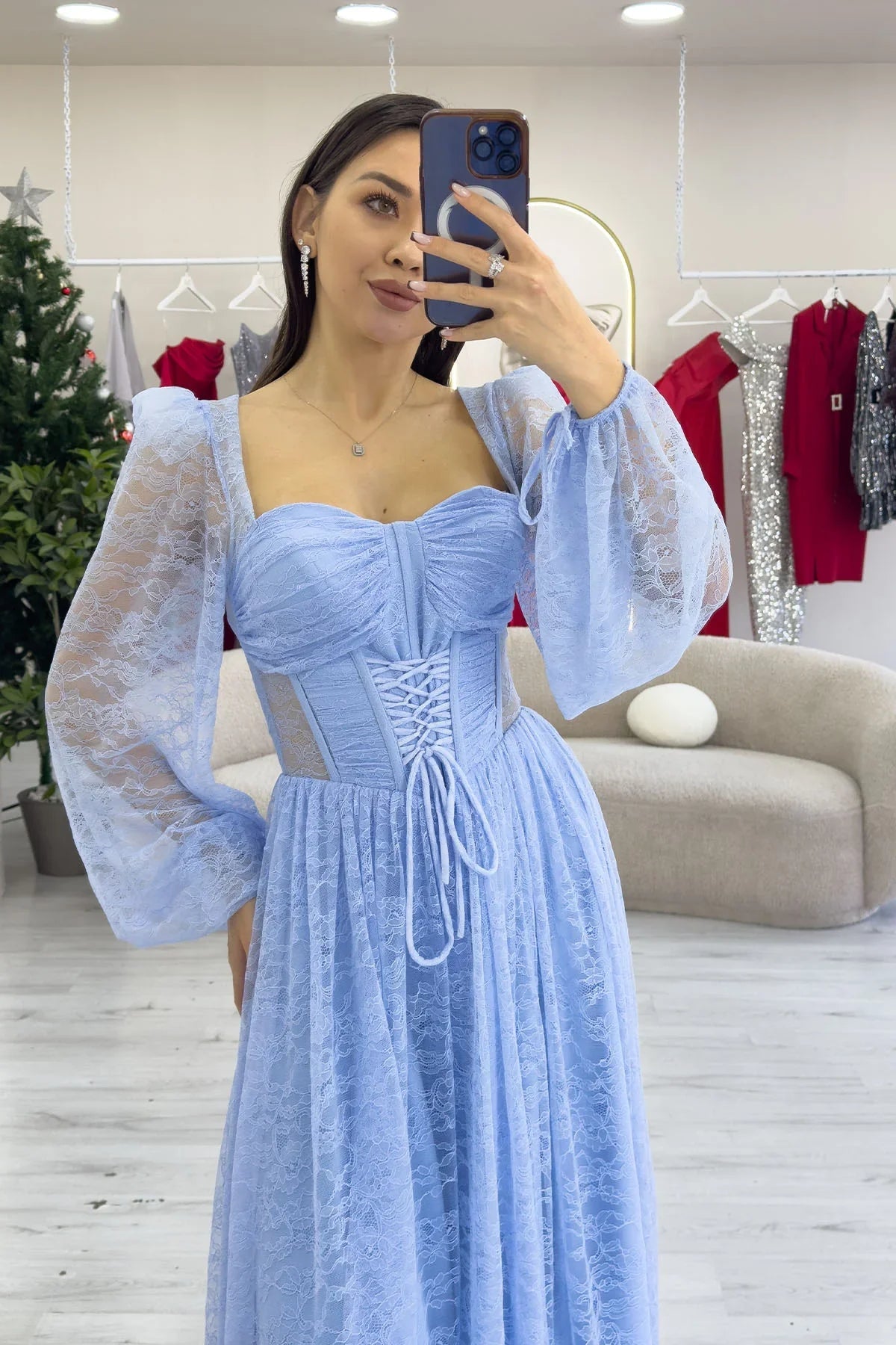 Women's Baby Blue Lace Kumaş Corset Detail Long Slit Evening Gown