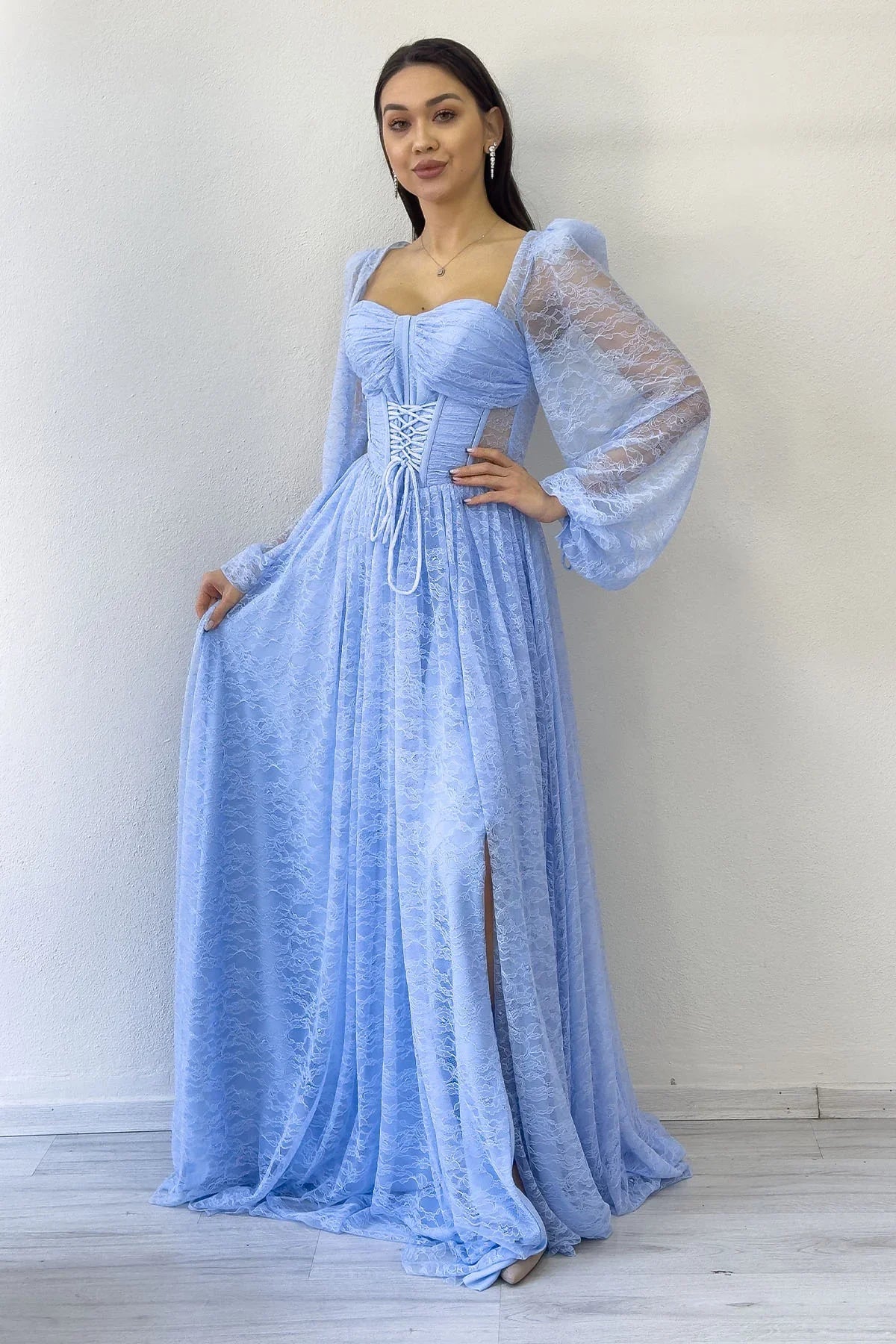 Women's Baby Blue Lace Kumaş Corset Detail Long Slit Evening Gown