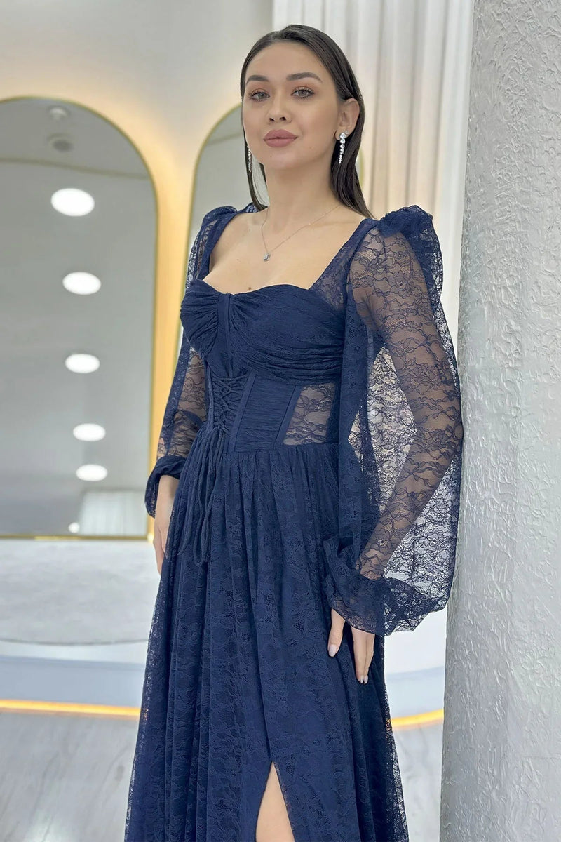 Women's Navy Blue Lace Kumaş Corset Detail Long Slit Evening Gown