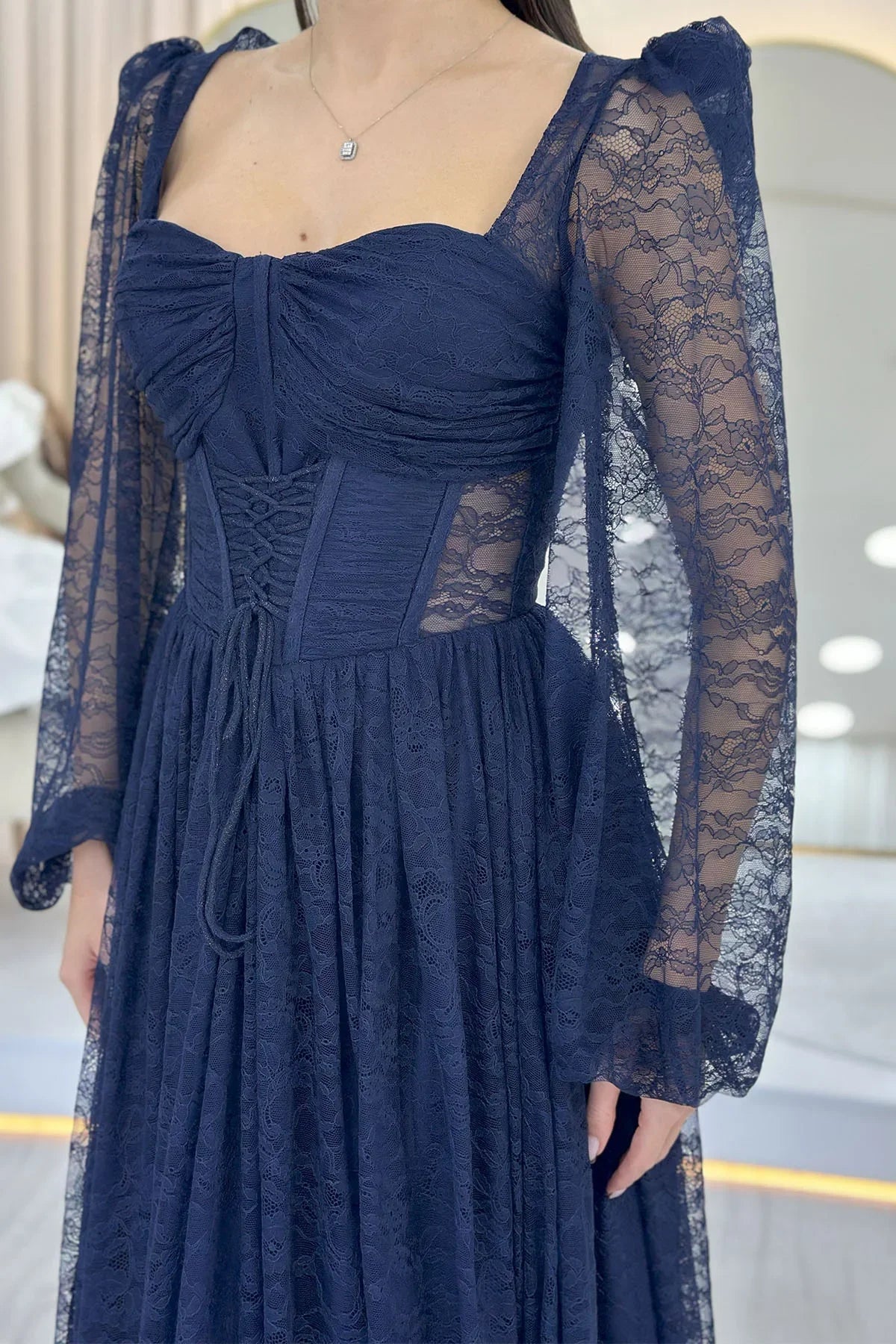 Women's Navy Blue Lace Kumaş Corset Detail Long Slit Evening Gown
