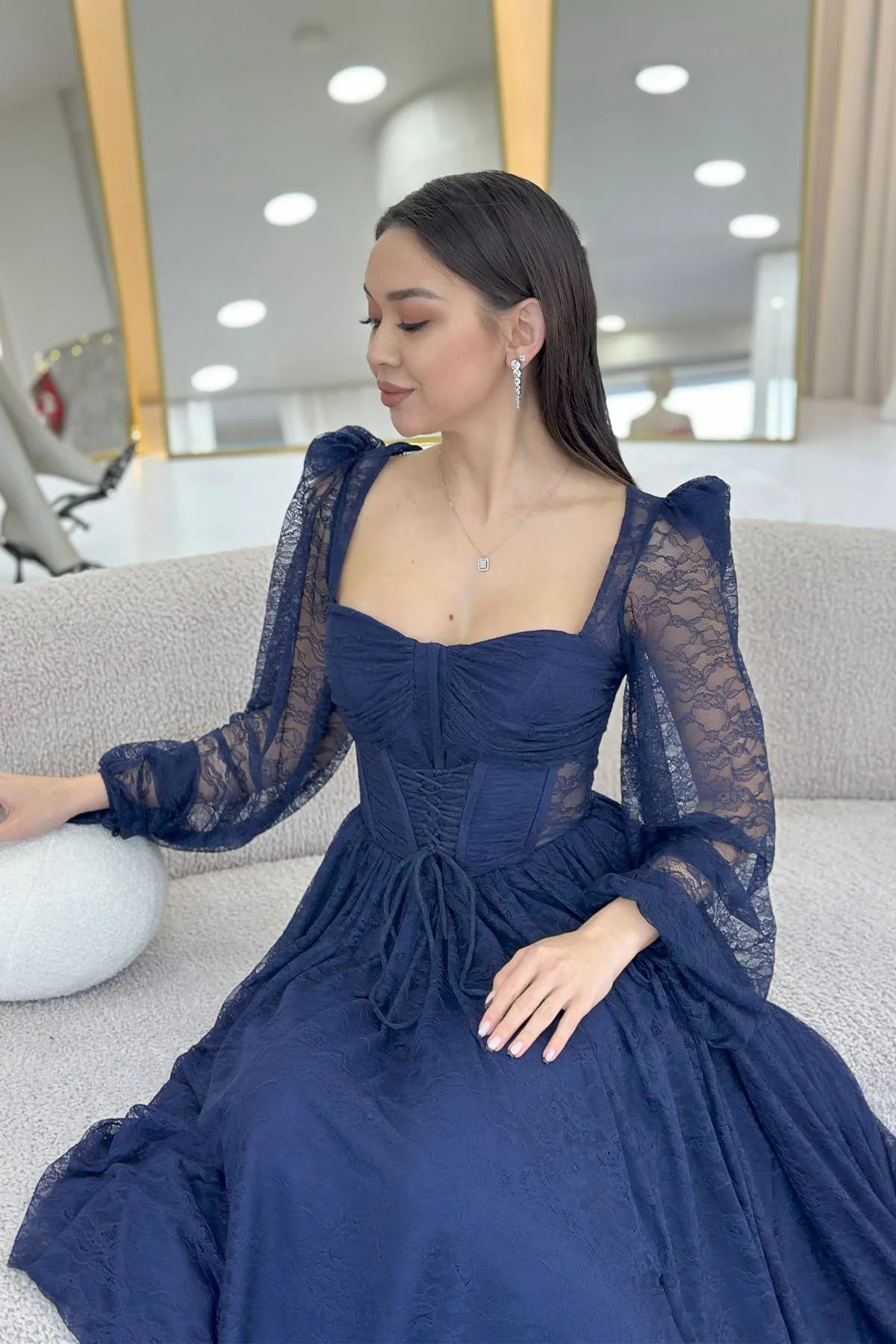 Women's Navy Blue Lace Kumaş Corset Detail Long Slit Evening Gown
