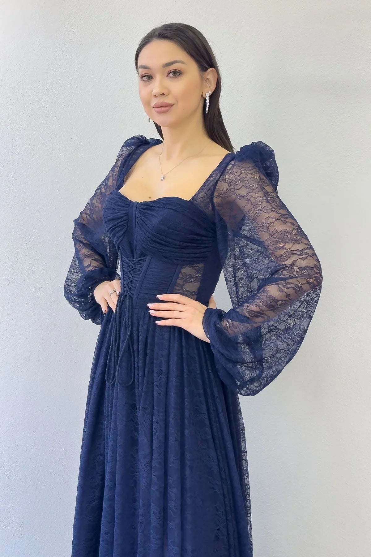 Women's Navy Blue Lace Kumaş Corset Detail Long Slit Evening Gown