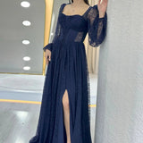 Navy Blue Lace Flared Maxi Evening Dress