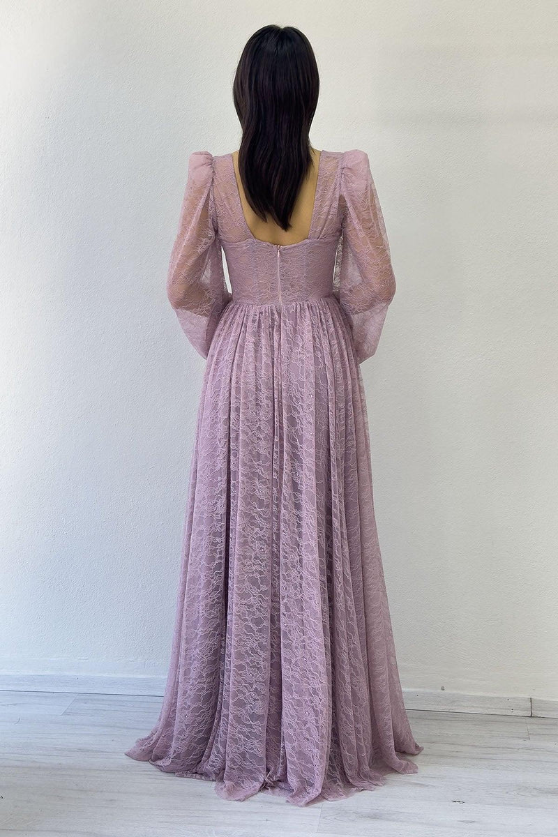 Women's Powder Pink Lace Kumaş Corset Detail Long Slit Evening Gown