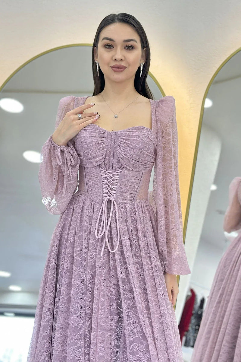 Women's Powder Pink Lace Kumaş Corset Detail Long Slit Evening Gown