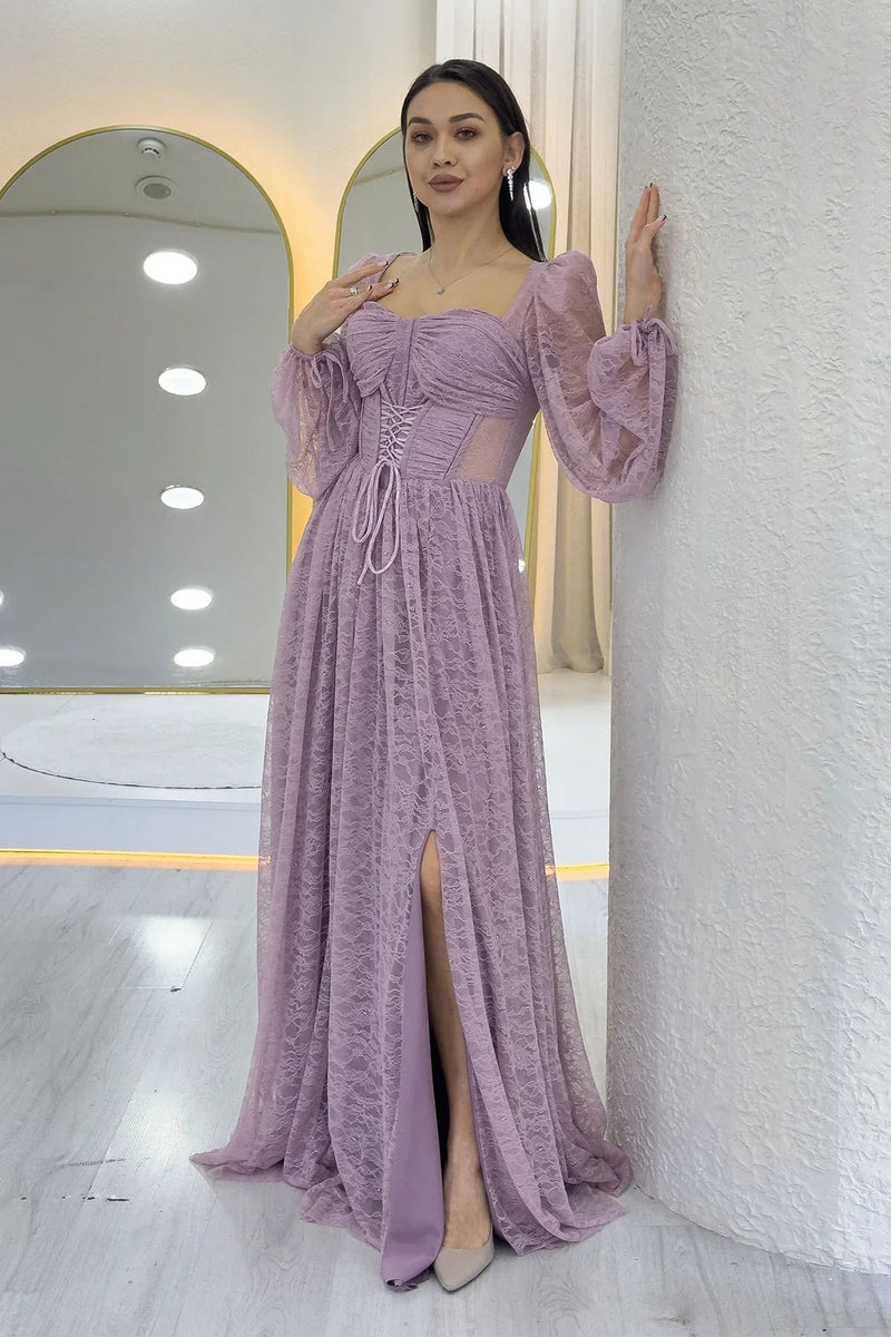 Women's Powder Pink Lace Kumaş Corset Detail Long Slit Evening Gown