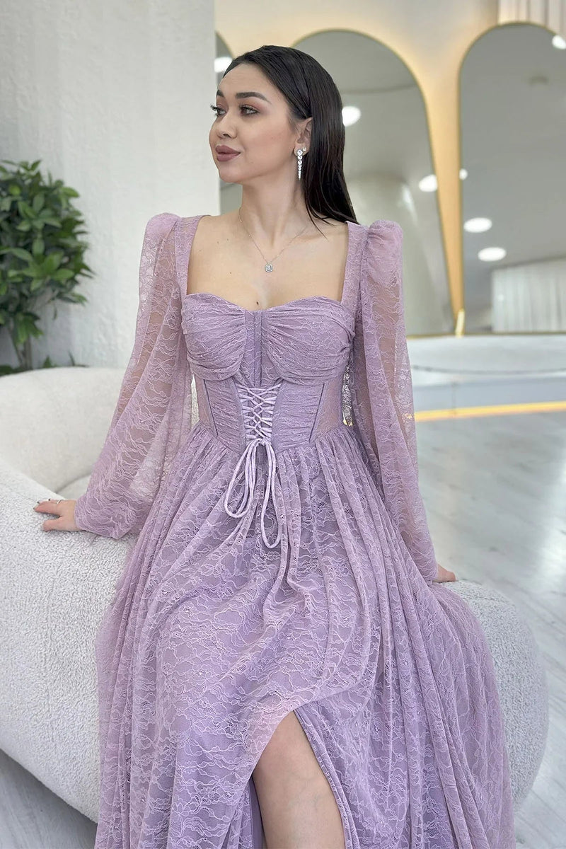 Women's Powder Pink Lace Kumaş Corset Detail Long Slit Evening Gown