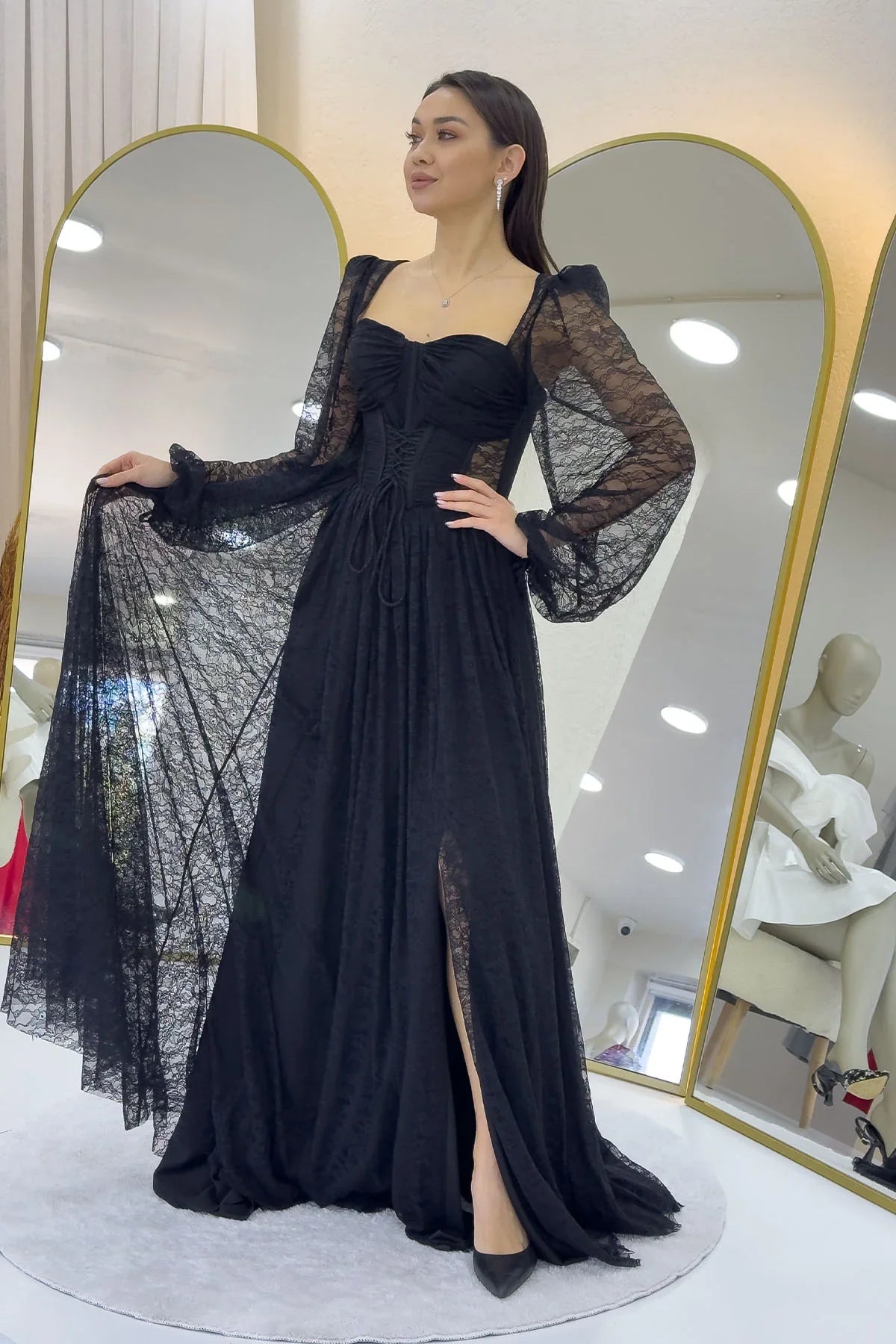 Women's Black Lace Kumaş Corset Detail Long Slit Evening Gown