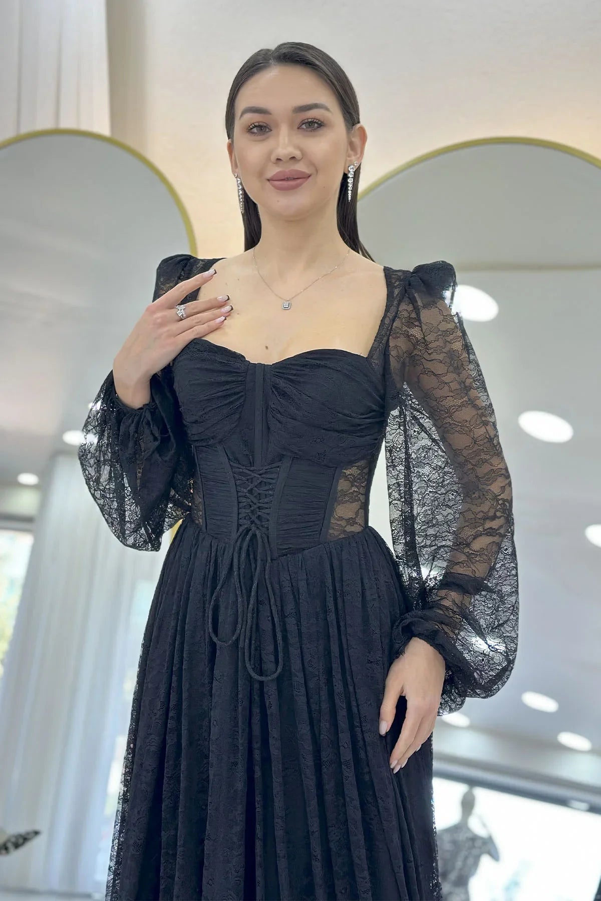 Women's Black Lace Kumaş Corset Detail Long Slit Evening Gown