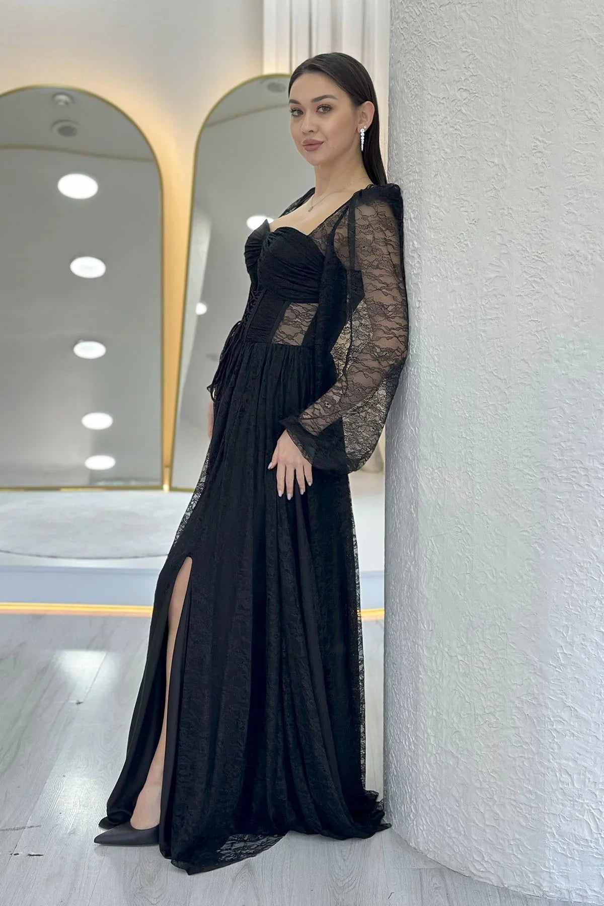 Women's Black Lace Kumaş Corset Detail Long Slit Evening Gown