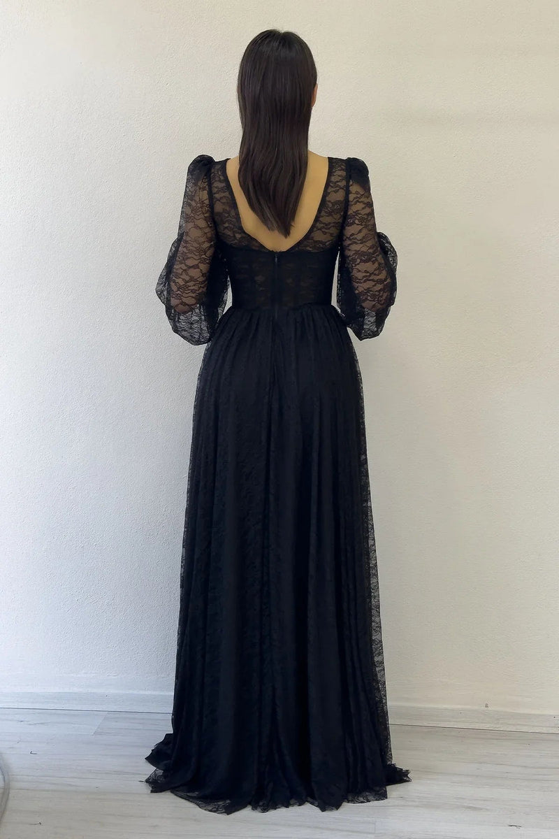 Women's Black Lace Kumaş Corset Detail Long Slit Evening Gown
