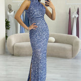 Baby Blue Sequined Fishtail Maxi Evening Dress