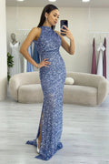 Baby Blue Sequined Fishtail Maxi Evening Dress