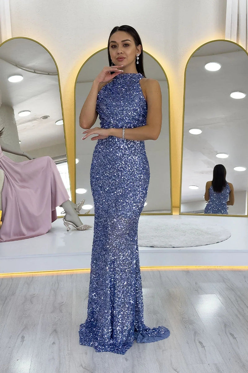 Women's Baby Blue Halter Neck Sequin Train Evening Gown