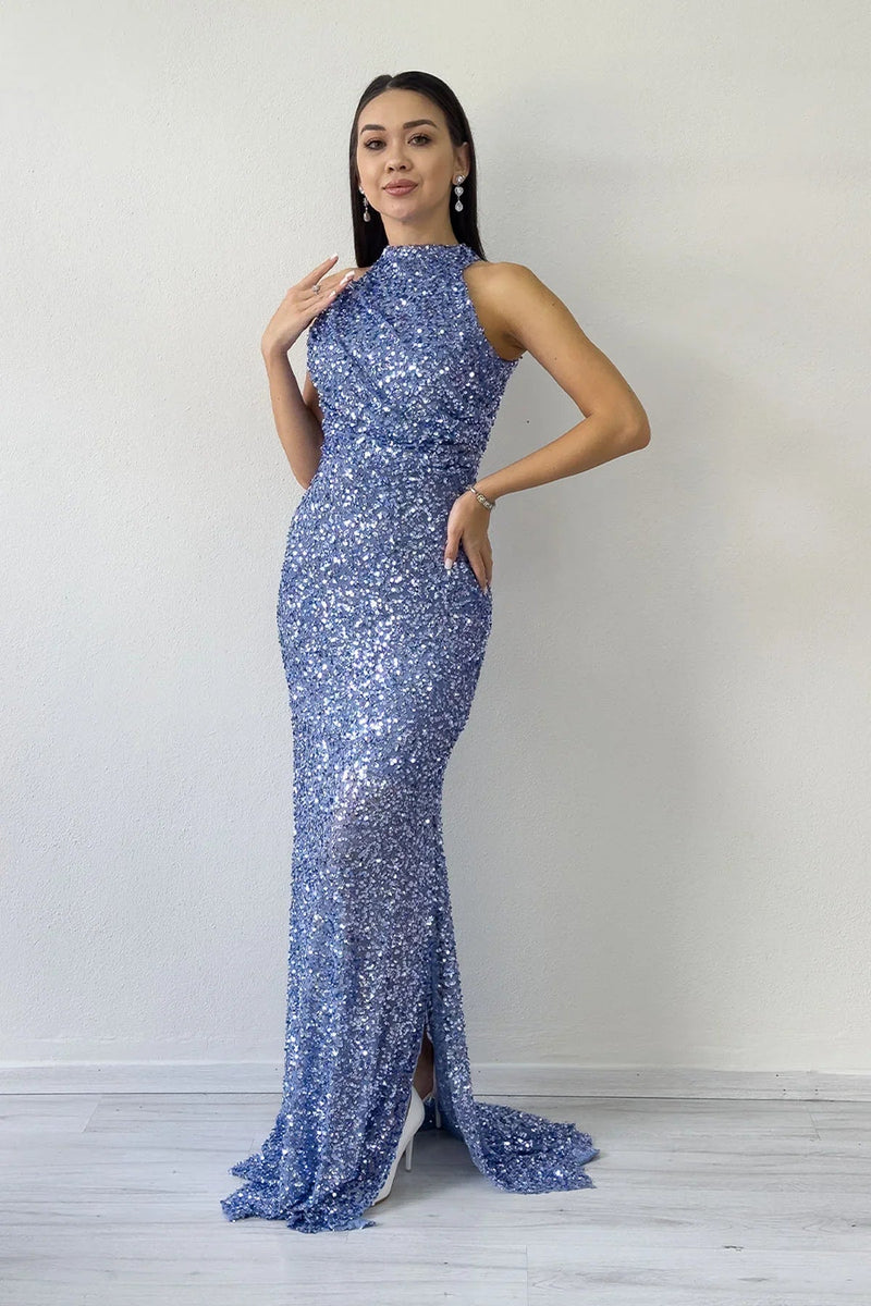 Women's Baby Blue Halter Neck Sequin Train Evening Gown