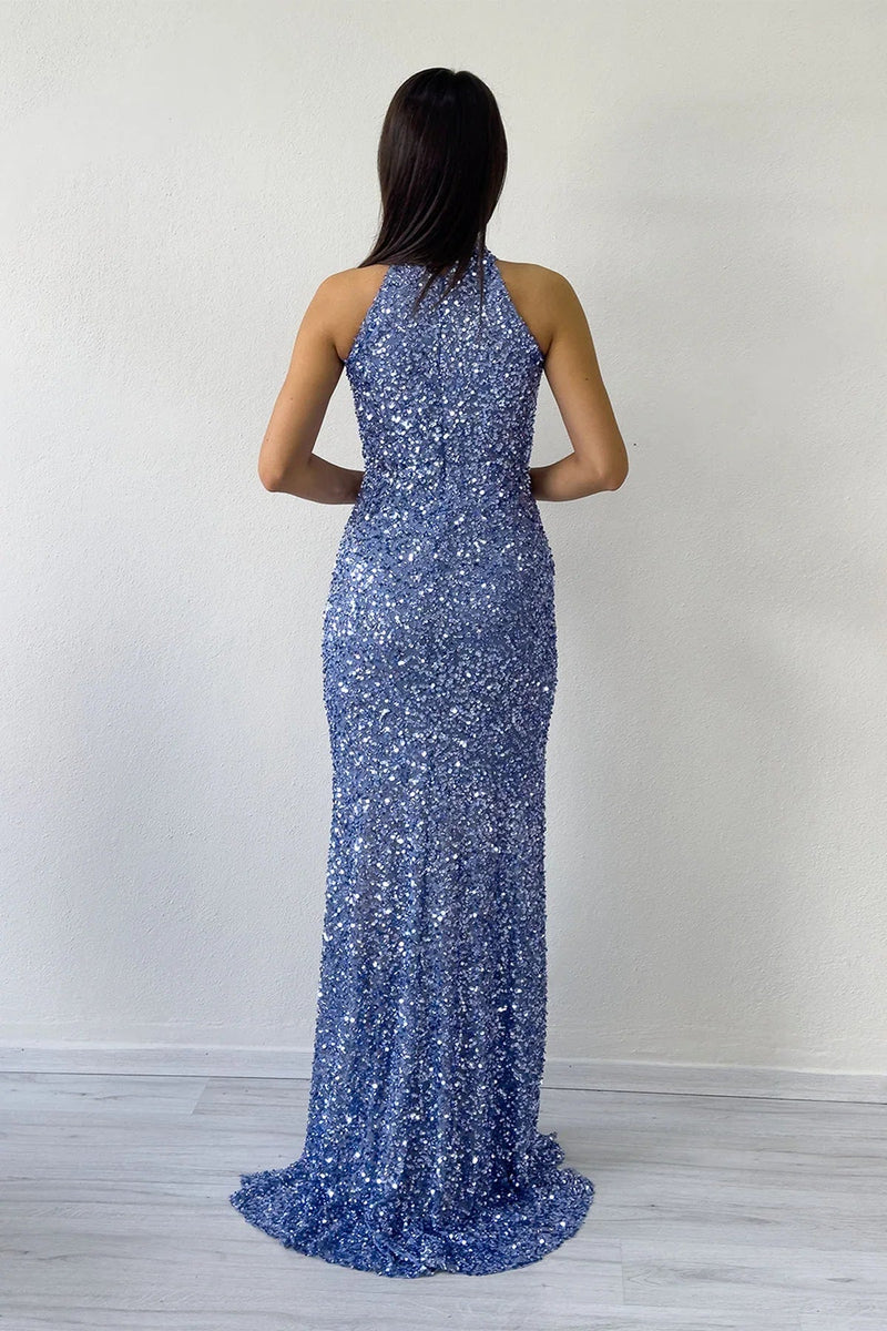 Women's Baby Blue Halter Neck Sequin Train Evening Gown