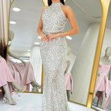 Beige Sequined Fishtail Maxi Evening Dress