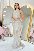 Beige Sequined Fishtail Maxi Evening Dress