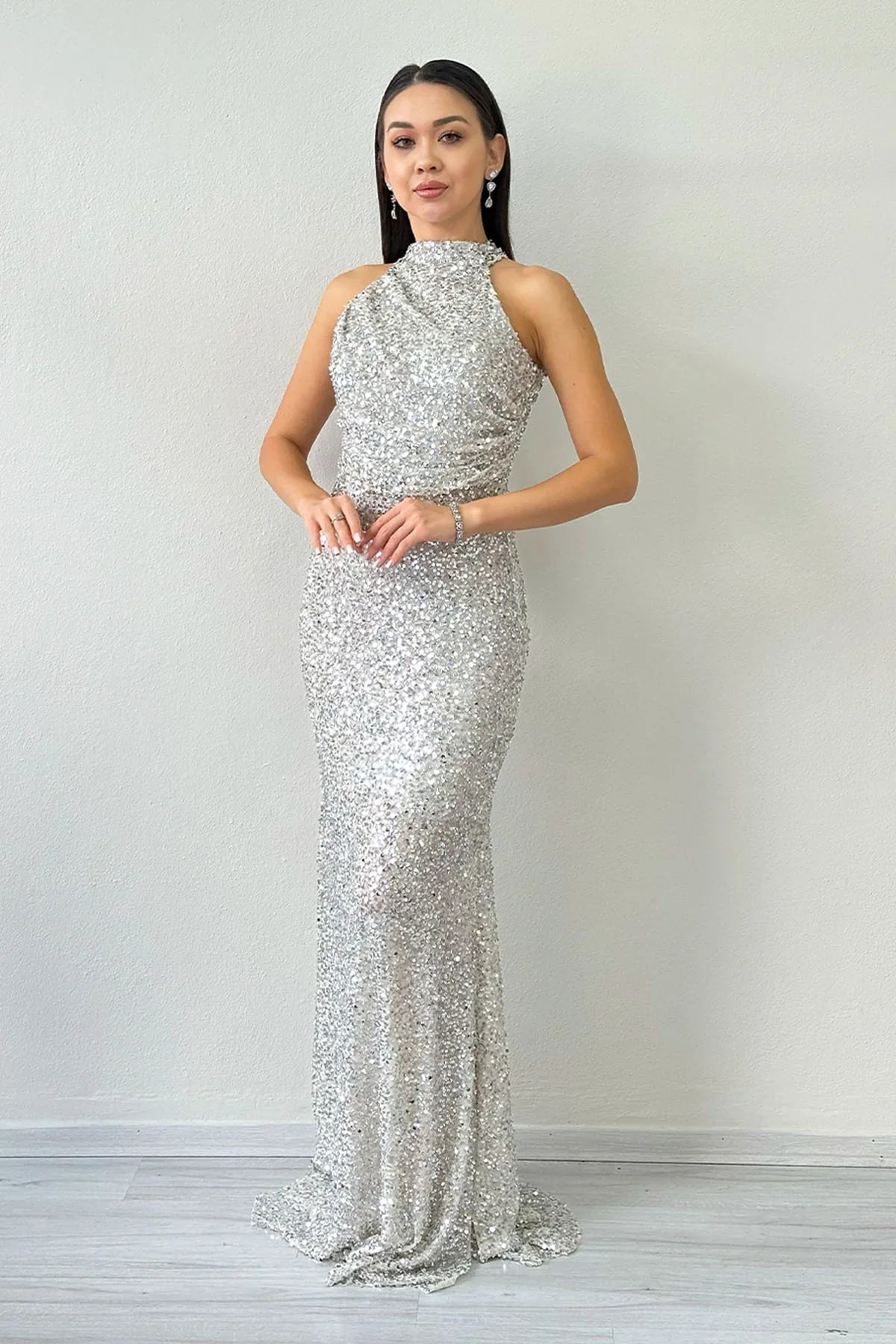 Women's Beige Halter Neck Sequin Train Evening Gown