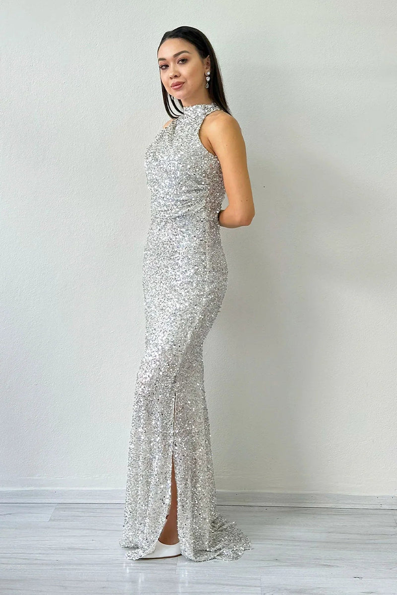 Women's Beige Halter Neck Sequin Train Evening Gown